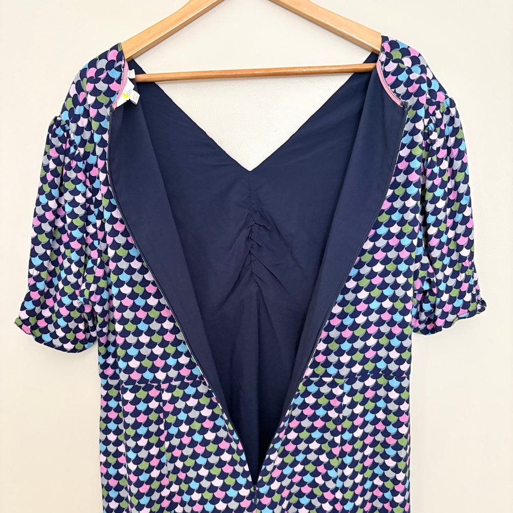 Boden Jemima Dress 14R Navy‎ Blue Multicolor Scallop Print V-Neck Ruched - Picture 8 of 13